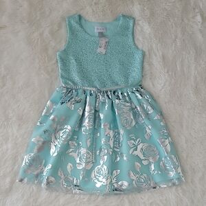 The Children's Place Aqua Silver Floral Easter Spring Party Dress Girls Size 7/8